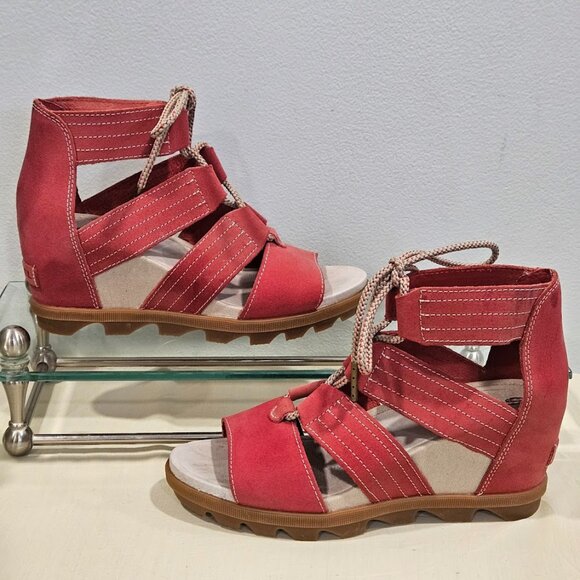 Sorel Joanie Red LL5347-602O pen Toe Cut Out Hi Wedge Heel Sandals Red Size 8.5 - Picture 1 of 14